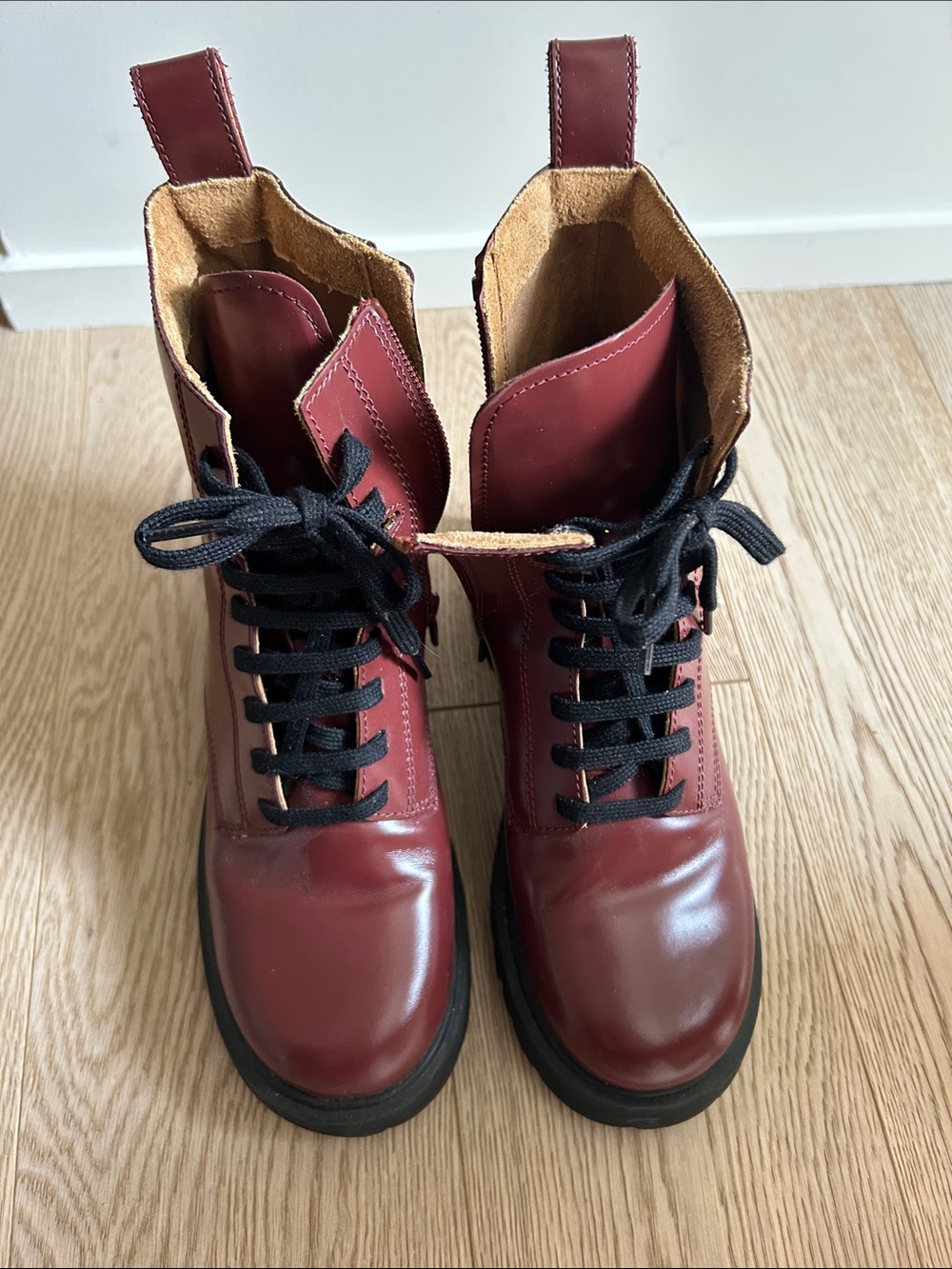 Camper Women's Combat Boots in Burgundy with Black Laces